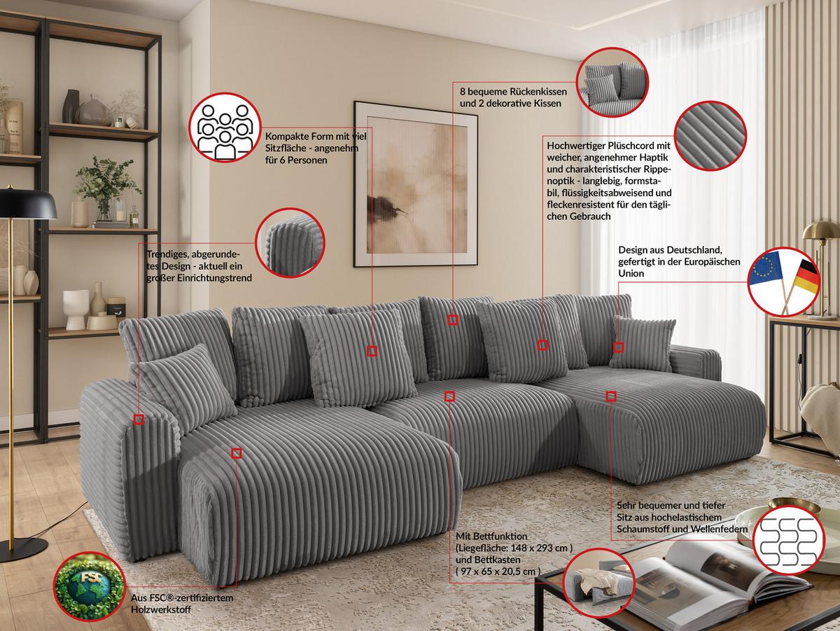 WOHNLANDSCHAFT Calma mit Schlaffunktion und Bettkasten im Bumpy-Design aus weichem Grau Plüschcord - Beige/Schwarz, Holz/Textil (336/88/140cm) - S-Style