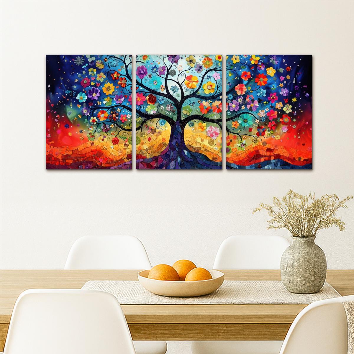 LEINWANDBILD 3er Set Bunt - Baum des Lebens - Blumen - Abstrakt 90x40 cm - Blau, Textil (90/40cm) - MuchoWow