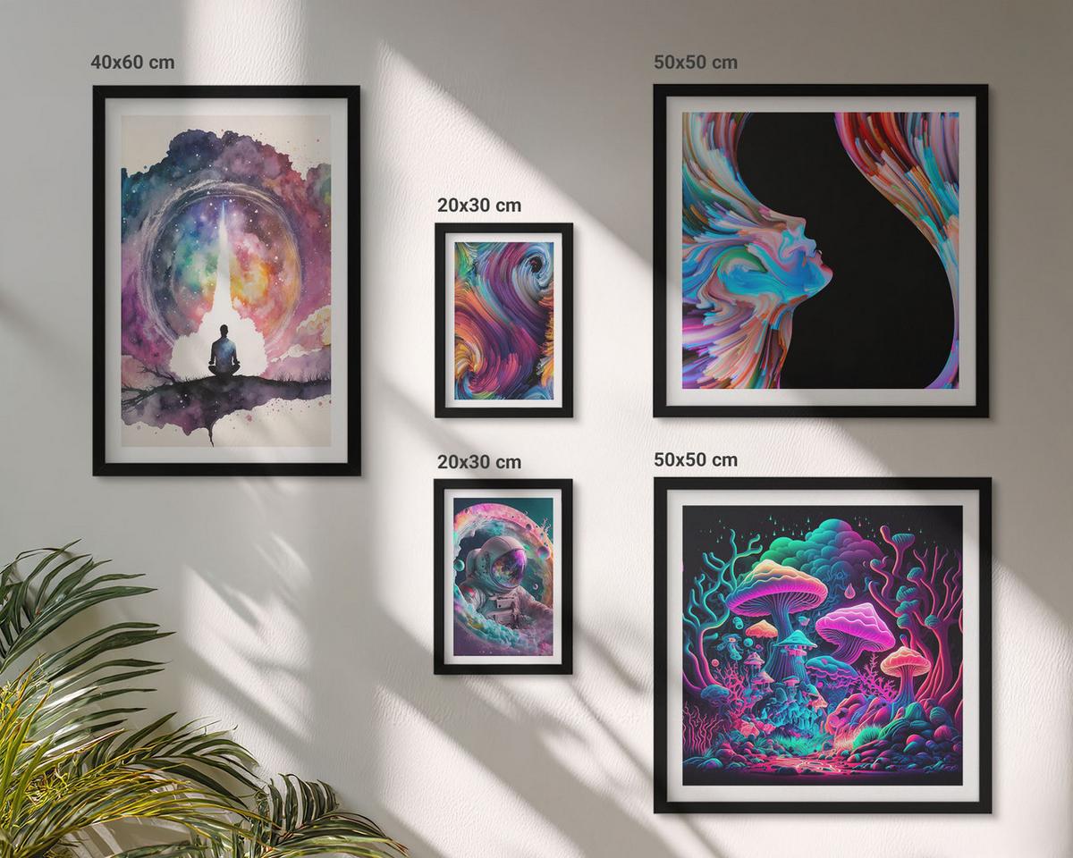 BILDER SET 5er Set - 50x50 cm & 20x30 cm & 40x60 cm Schwarzer Rahmen - Farbenfrohe Fantasy-Kunstillustrationen - Schwarz, Kunststoff (40/60cm) - TULUP