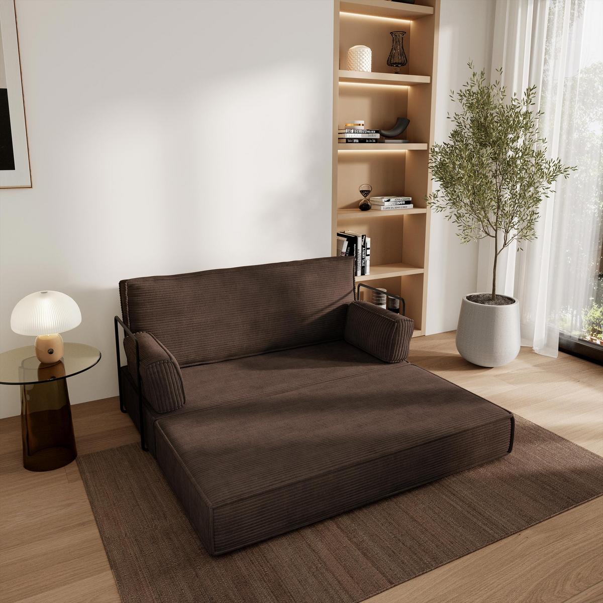 BETTSOFA LADIA aus Schaumstoff Kordstoff Braun Schlaffunktion - Braun, Textil (140/86/60cm) - MASSENO