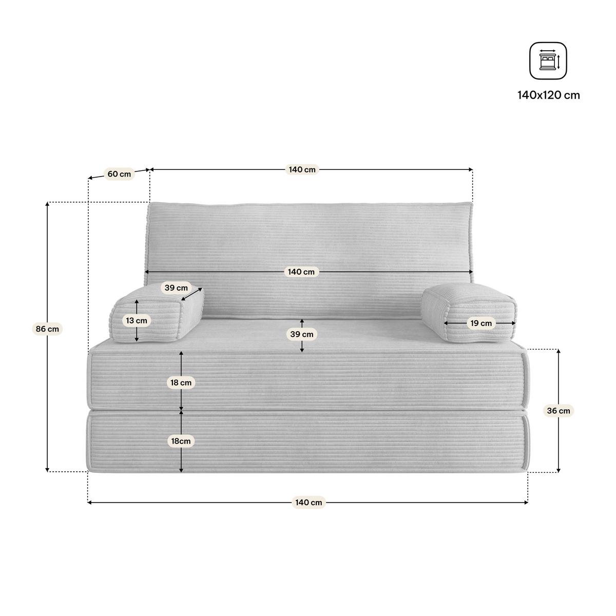 BETTSOFA LADIA aus Schaumstoff Kordstoff Hellgrau Schlaffunktion - Hellgrau, Textil (140/86/60cm) - MASSENO