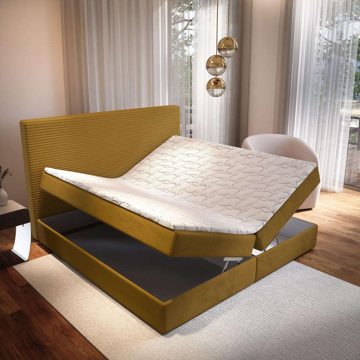 BOXBETT GIARRO 140x200 cm mit Matratze und Topper - Gelb - Gelb, Holz (140/200cm) - MASSENO