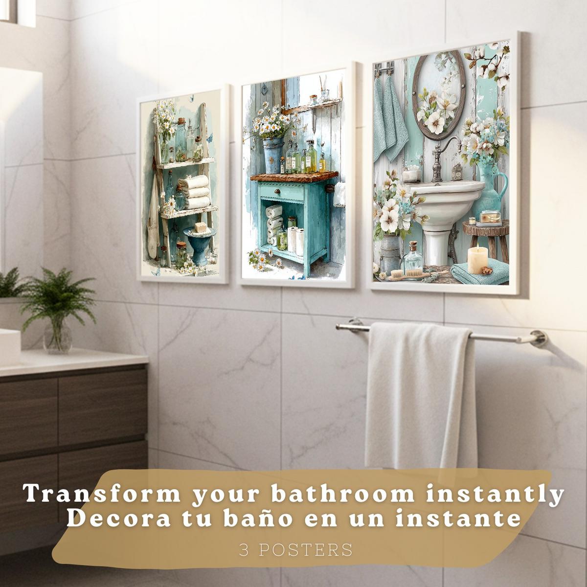 POSTER Set 3 dekorative Badezimmer- im Cottage-Stil für Wand, Waschbecken, Dusche, florale Dekoration mit Badezimmermöbeln Rahmenlos A3 - Klar, Papier (42/29.7/3cm) - Nacnic