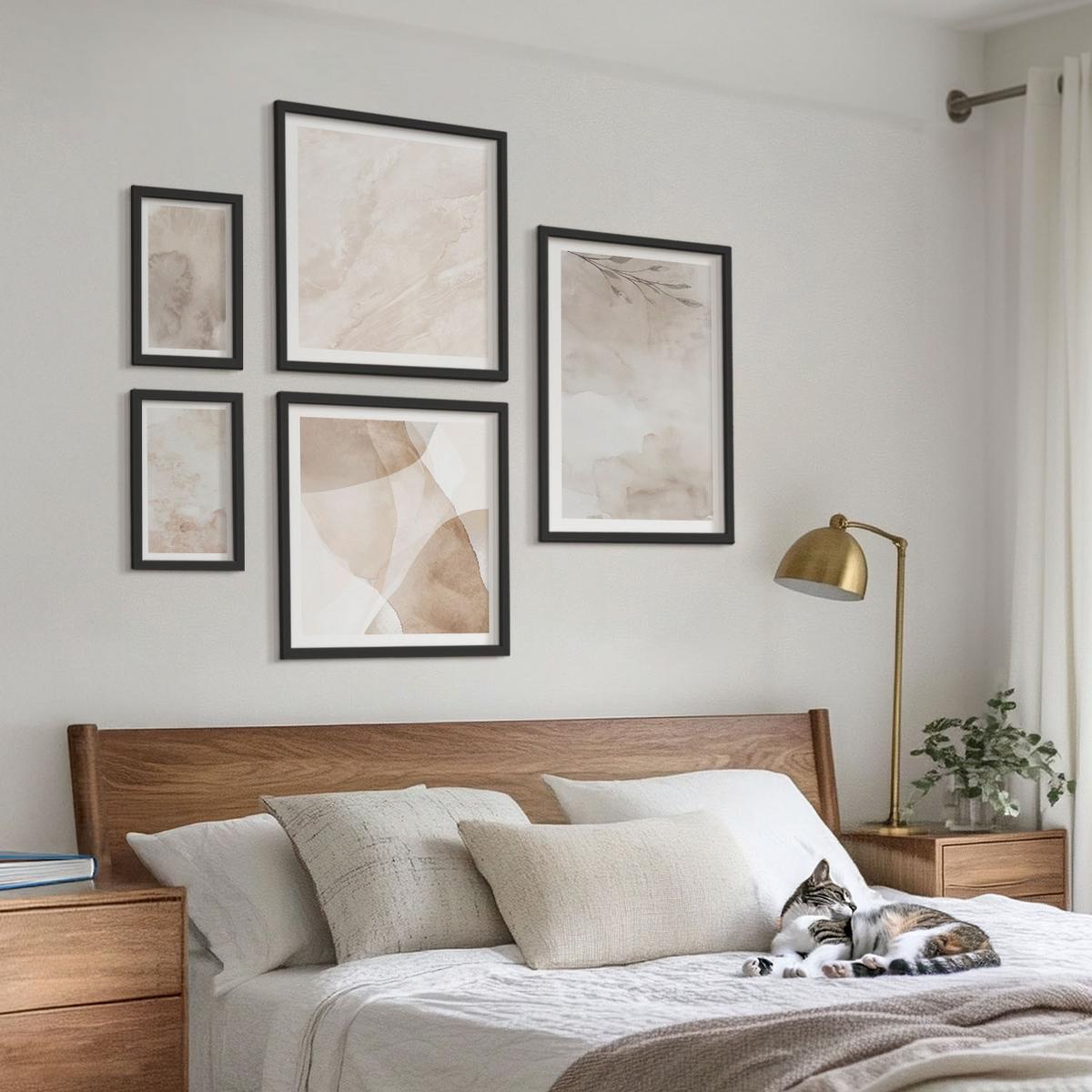 BILDER SET 5er Set - 50x50 cm & 20x30 cm & 40x60 cm Schwarzer Rahmen - Aquarellfarben, Boho-Texturen - Schwarz, Kunststoff (40/60cm) - TULUP