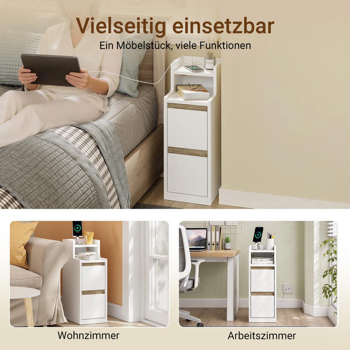 NACHTTISCH schmal mit Ladefunktion und LED-Touch-Lampe, 22x34x60.5cm - Weiß, Holzwerkstoff (22/60/34cm) - SoBuy
