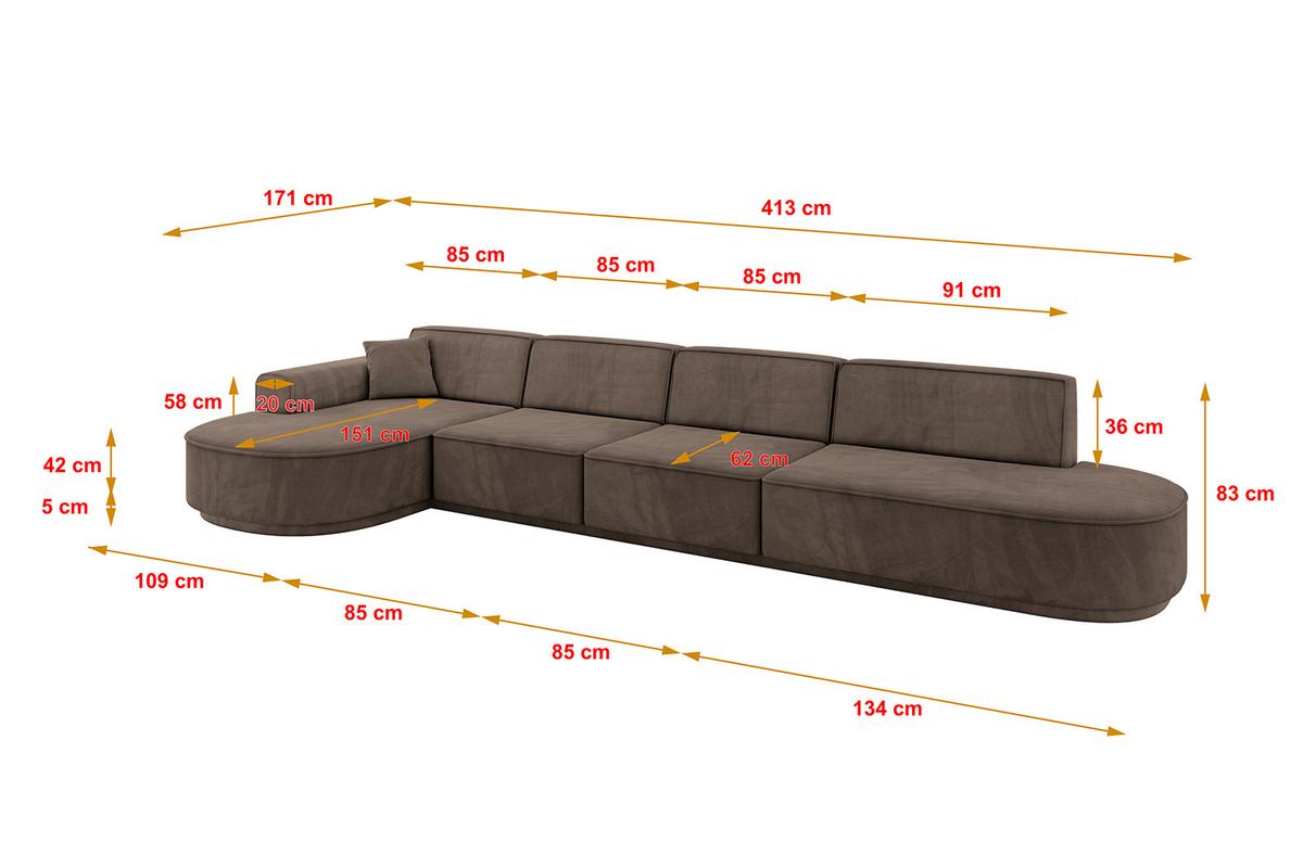 ECKSOFA Ottomane Links MARI-L3-v3 - 413x171x83 cm Braun Velours - Schwarz/Braun, Holzwerkstoff/Kunststoff (413/171cm) - ALTDECOR