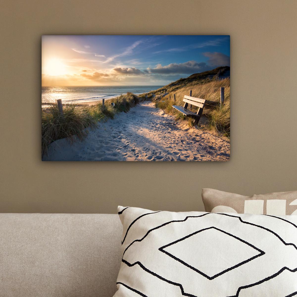LEINWANDBILD Sonnenuntergang - Strand - Düne - Gras - Ufer Deko Schlafzimmer 30x20 cm - Sandfarben, Textil (30/20cm) - MuchoWow
