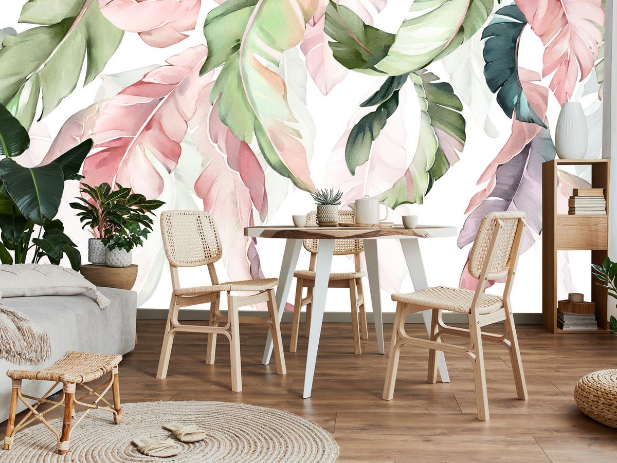 FOTOTAPETE für Esszimmer Bunte Bananenblätter Pflanzen Natur 150x105 - Violett/Rosa, Papier (150/105cm) - Muralo