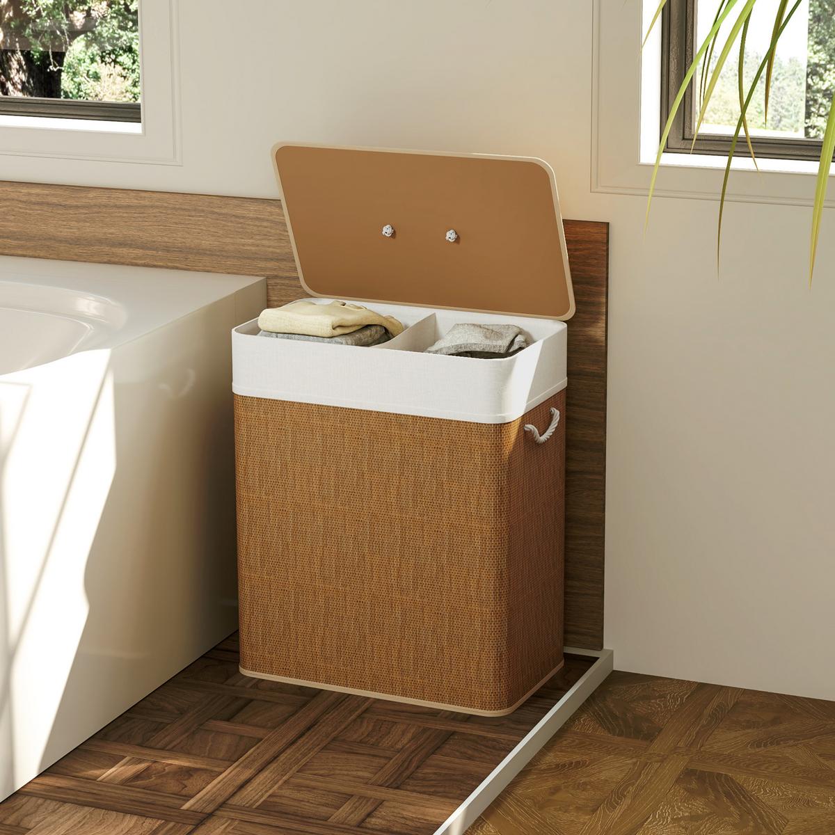 BAMBUS Wäschekorb mit Deckel 2 Fächer 100 L Wäschesammler mit Seilgriffen - Braun, Naturmaterialien (32/63/52cm) - HOMCOM