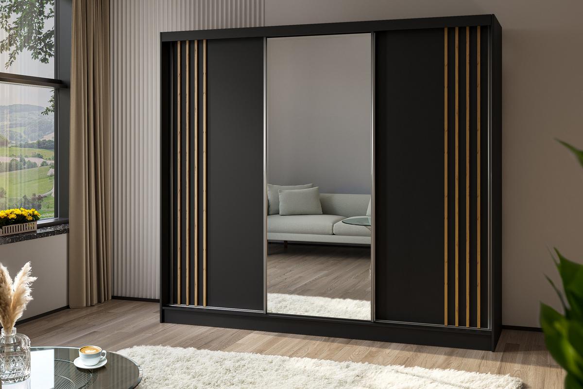 KLEIDERSCHRANK mit Spiegel-Schiebetüren und Aluminium-Leisten - NALLA - 240 cm Schwarz+Schwarz+Artisan - Anthrazit/Eiche Artisan, Holzwerkstoff (240/216/61cm) - ALTDECOR