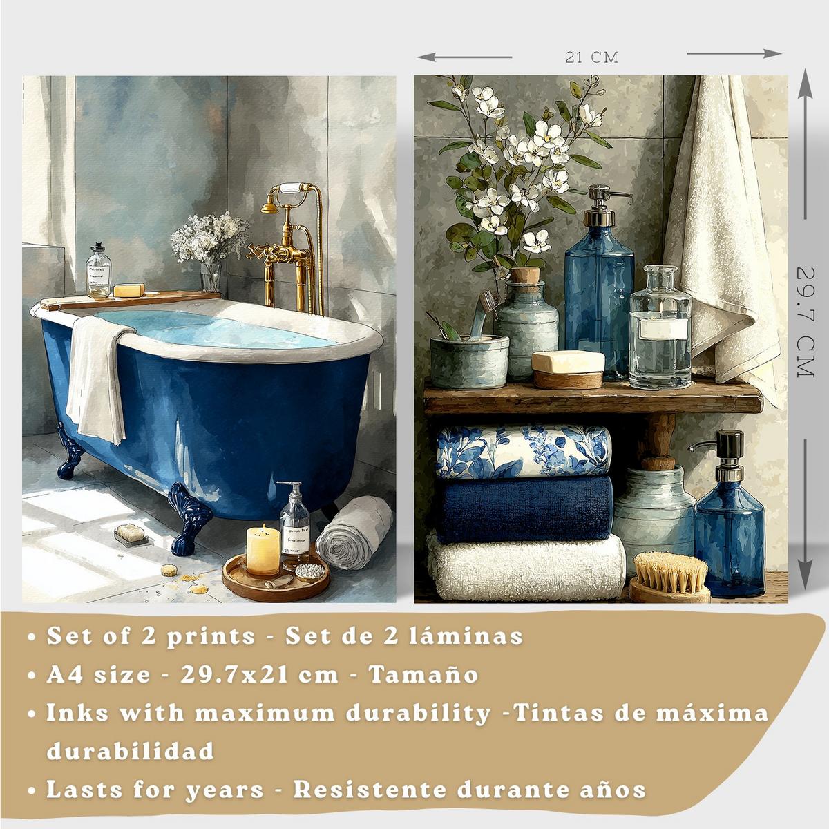 POSTER 2er-Set dekorative Badezimmer-Poster, moderne Wandbilder für Waschbecken, elegante Dekoration mit blauer Badewanne Schwarzer Rahmen A4 - Schwarz, Papier (29.7/21/3cm) - Nacnic