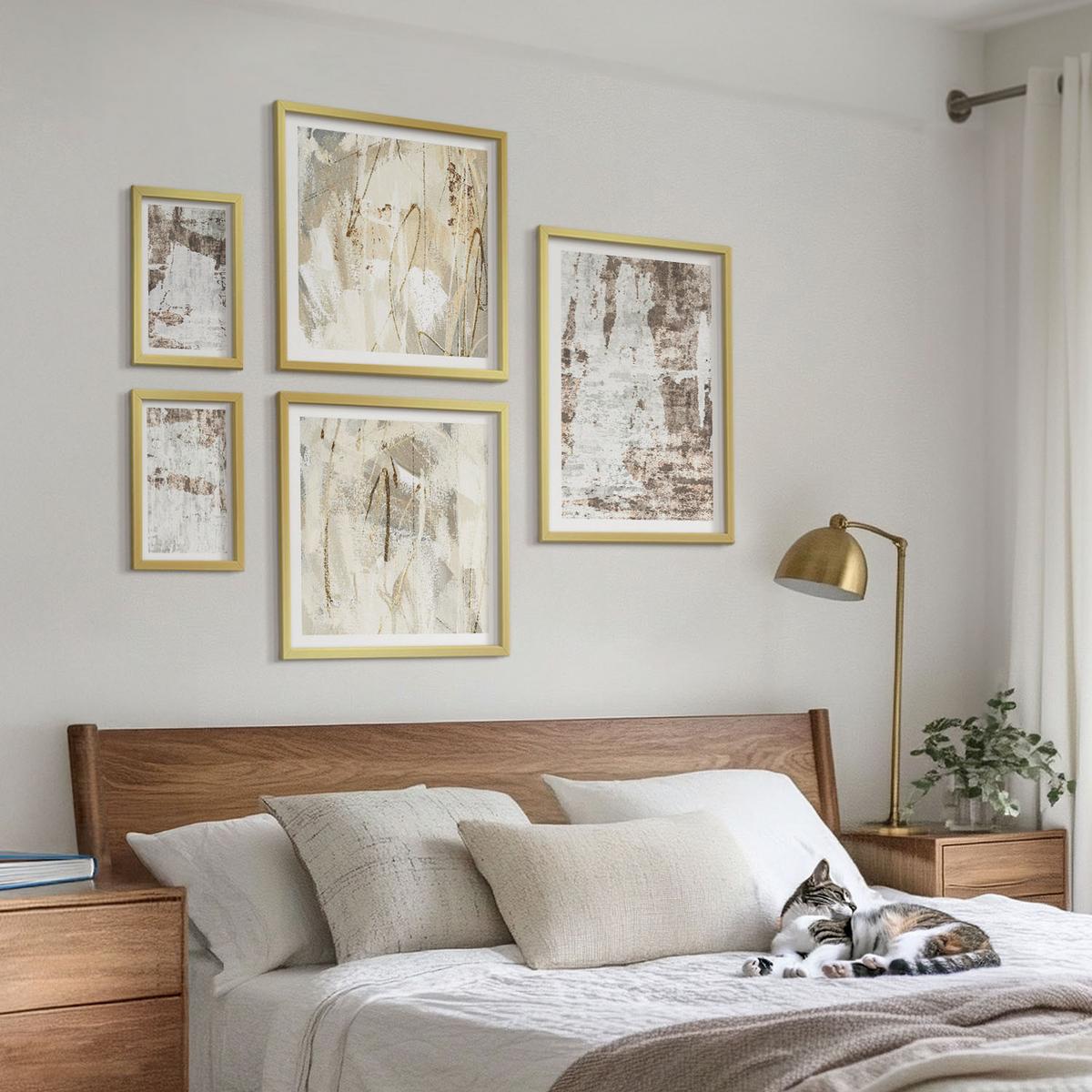 BILDER SET 5er Set - 50x50 cm & 20x30 cm & 40x60 cm Goldrahmen - Abstrakte Muster, weiß, braun - Goldfarben, Kunststoff (40/60cm) - TULUP