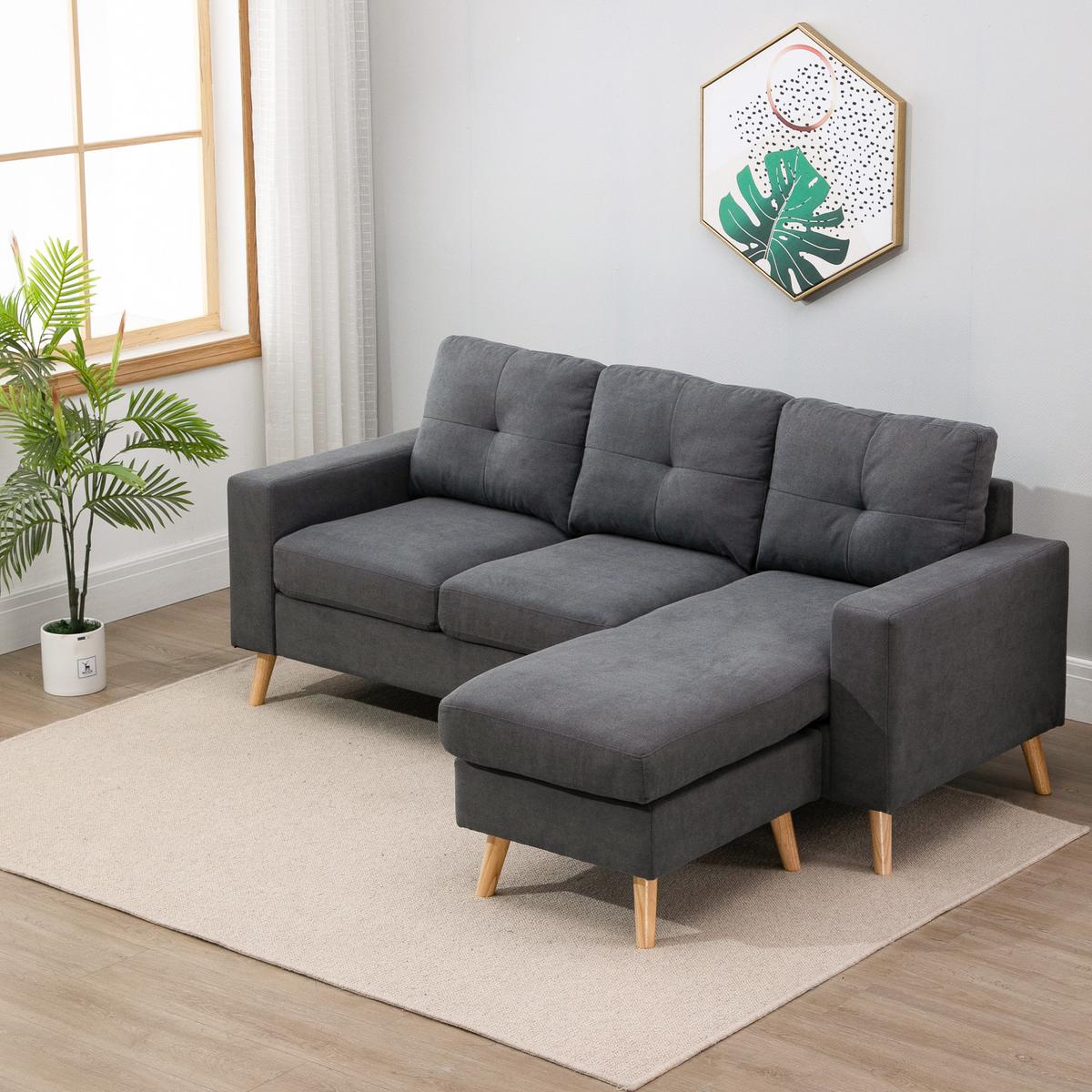 ECKSOFA Eckcouch in L-Form, Eckgarnitur in Leinenoptik Couchgarnitur Dunkelgrau - Dunkelgrau/Naturfarben, Holz/Textil (136/193cm) - HOMCOM