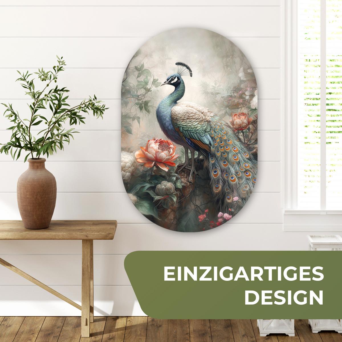 WANDBILD Pfau - Pfauenfedern - Vogel - Dschungel - Blumen Wanddeko Schlafzimmer 60x90 cm - Smaragdgrün, Kunststoff (60/90cm) - MuchoWow