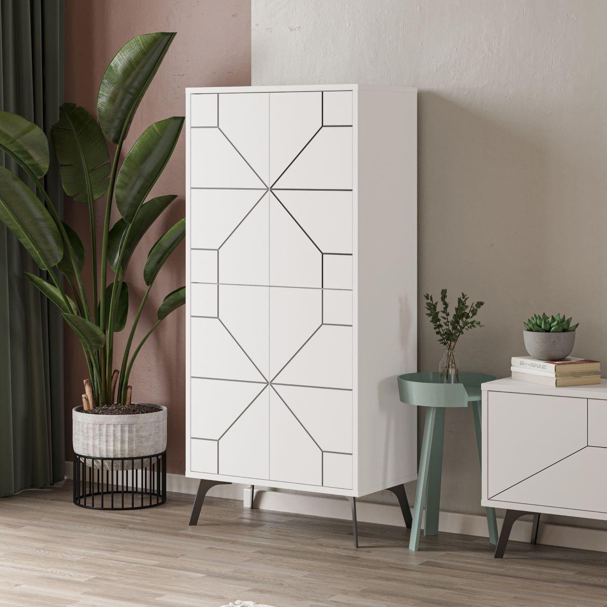 HIGHBOARD mit 4 weißen Türen und schwarzen Dekorationen H136 cm - Dune - Weiß, Holzwerkstoff (35.6/136/62.6cm) - Calicosy