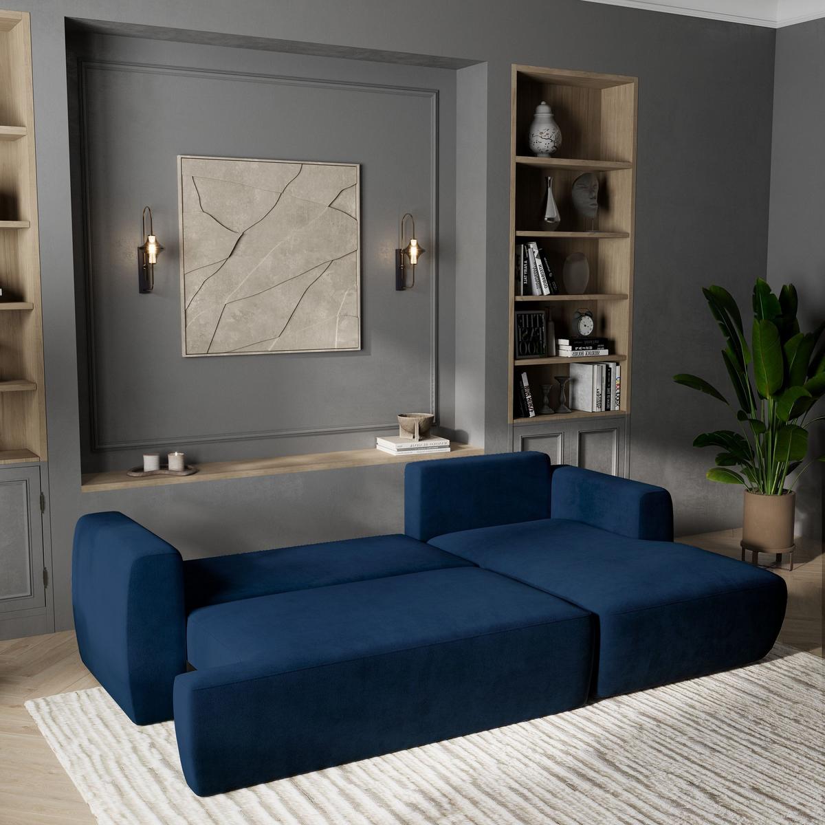 ECKSOFA SENTI K R-S Blau Plüsch-Stoff mit Schlaffunktion - Blau/Schwarz, Holz/Kunststoff (246/148cm) - MASSENO