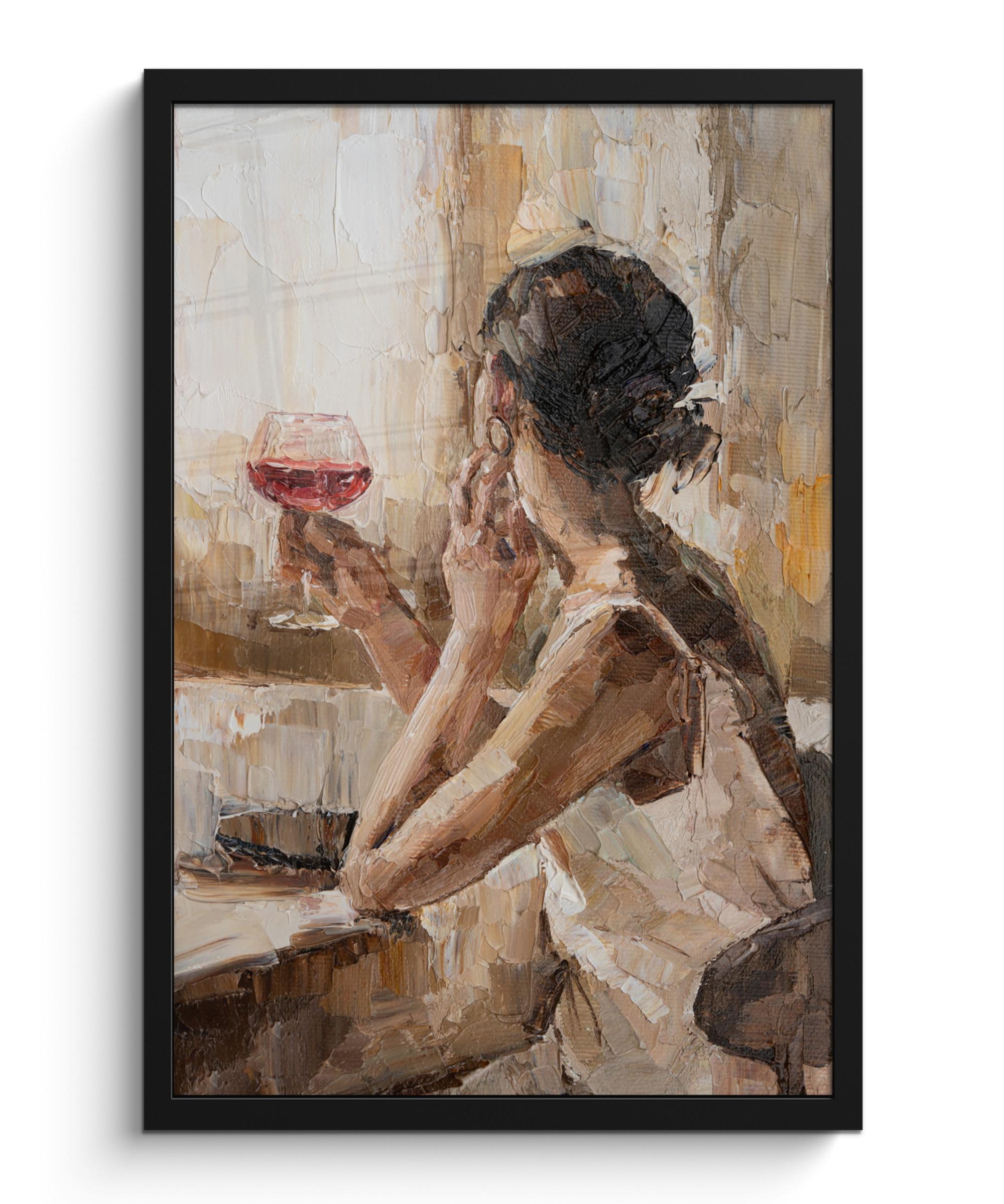 POSTER MIT RAHMENGERAHMTES BILD Ölgemälde - Frau - Wein Bilder mit Rahmen 40x60 cm - Hellbraun, Papier (40/60cm) - MuchoWow