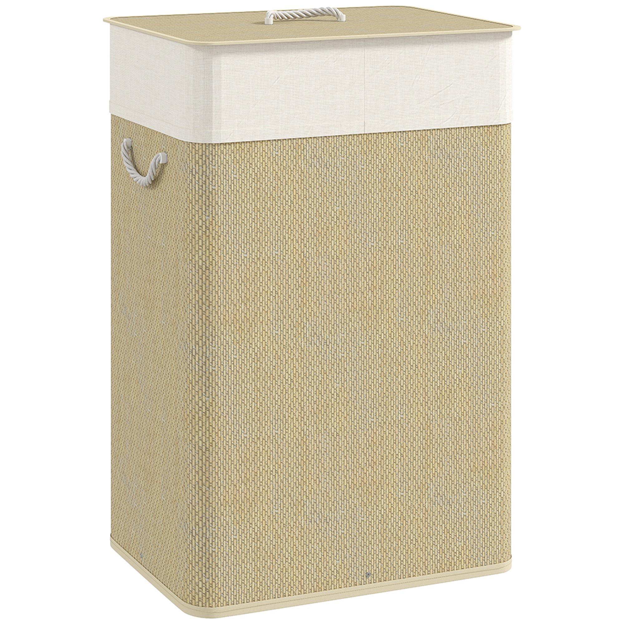 BAMBUS Wäschekorb mit Deckel 72 L Wäschesammler mit Seilgriffen Naturholz - Creme/Naturfarben, Naturmaterialien/Textil (30/60/40cm) - HOMCOM