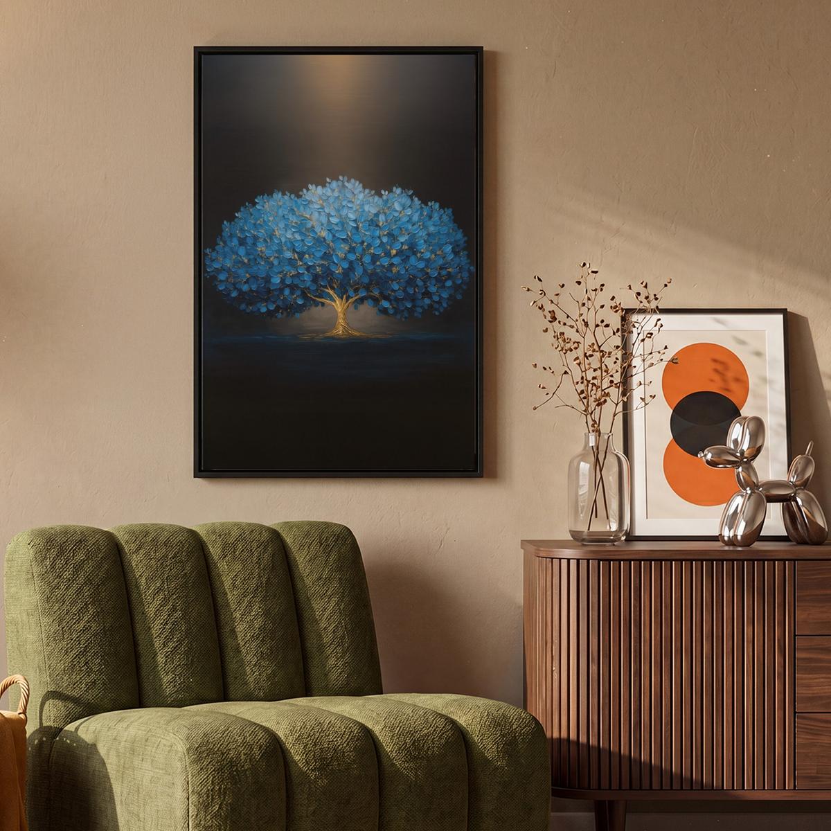 LEINWAND Bilder mit Rahmen - Baum - Blau - Blätter - Pinselstriche - 60x90 - Blau, Textil (60/90cm) - MuchoWow
