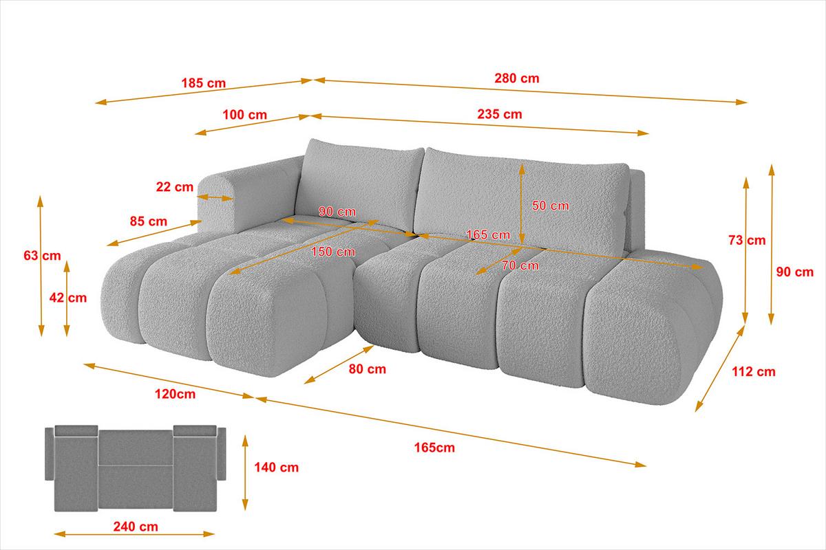 ECKSOFA Ottomane Links CLOUD-L 280x185x90 Hellgrau Bouclé - Hellgrau, Holzwerkstoff/Kunststoff (280/185cm) - ALTDECOR