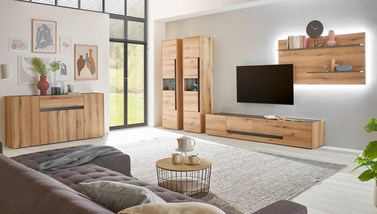 COUCHTISCH Evoke Eiche, grau 90 x 60 cm, Wohnzimmertisch mit Stauraum - Eichefarben/Schwarz, Holzwerkstoff/Metall (90/60/38cm) - Furn.Design