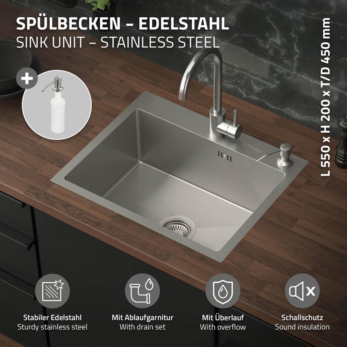 SPÜLBECKEN aus Edelstahl 55x45 cm mit Siphon und Seifenspender - Silberfarben, Metall (45/19/55cm) - ML-DESIGN