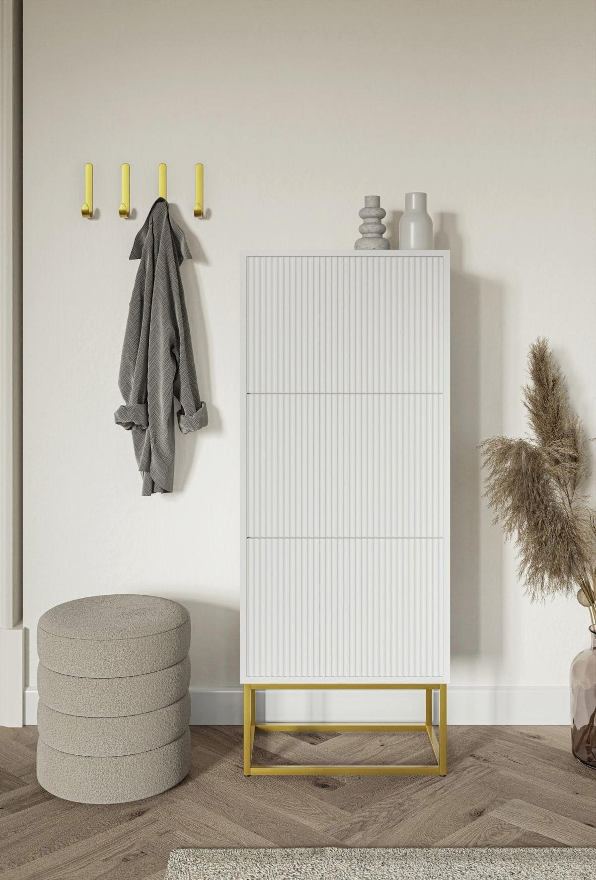 SCHUHSCHRANK Veldio mit 3 Klappen Weiß mit goldenem Metallgestell 50 cm - Goldfarben/Weiß, Holzwerkstoff/Metall (50/125/30cm) - Selsey