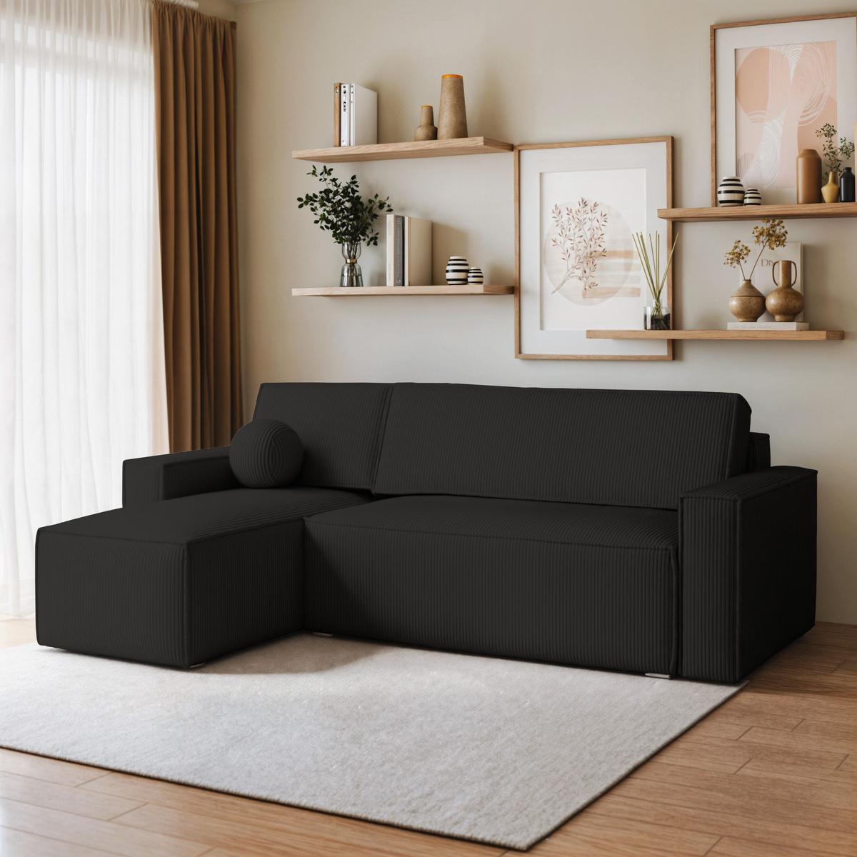 ECKSOFA RAVELO P Schwarz Kordstoff mit Schlaffunktion - Schwarz/Grau, Holz/Kunststoff (240/140cm) - MASSENO