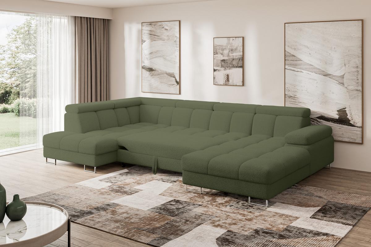 WOHNLANDSCHAFT mit Schlaffunktion und Bettkasten Ottomane Links COMA U 345x203x79 Grün Bouclé - Smaragdgrün, Holzwerkstoff/Textil (345/79/203cm) - ALTDECOR