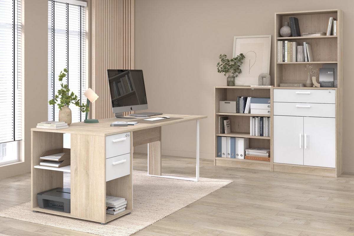 BÜROMÖBEL-SET Eiche, weiß, Kombination mit Schreibtisch, Container und Stauraumregal - Eichefarben/Schwarz, Holzwerkstoff/Kunststoff (80/150/104cm) - Parisot Meuble