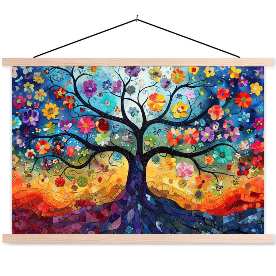 POSTER MIT MAGNETLEISTEN Kunst - Baum des Lebens - Blumen - Hippie Wanddeko 90x60 cm - Dunkelblau, Textil (90/60/0.15cm) - MuchoWow