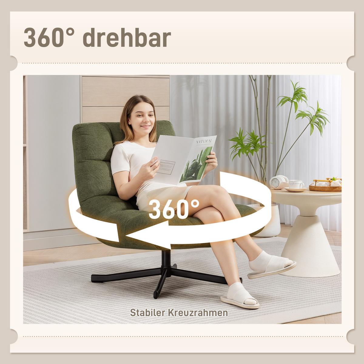 RELAXSESSEL Drehbar mit breiter Sitzfläche Chenille-Optik Grün - Schwarz/Grün, Textil/Metall (75/90/95cm) - HOMCOM