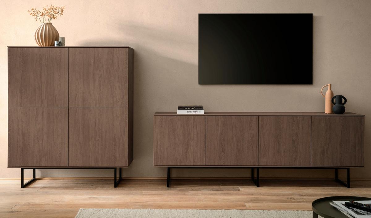 WOHNWAND in Nussbaum 2-teilig 330 cm, Komplett-Set mit Push-to-Open - Nussbaumfarben/Schwarz, Holzwerkstoff/Metall (330/137/40cm) - Furn.Design