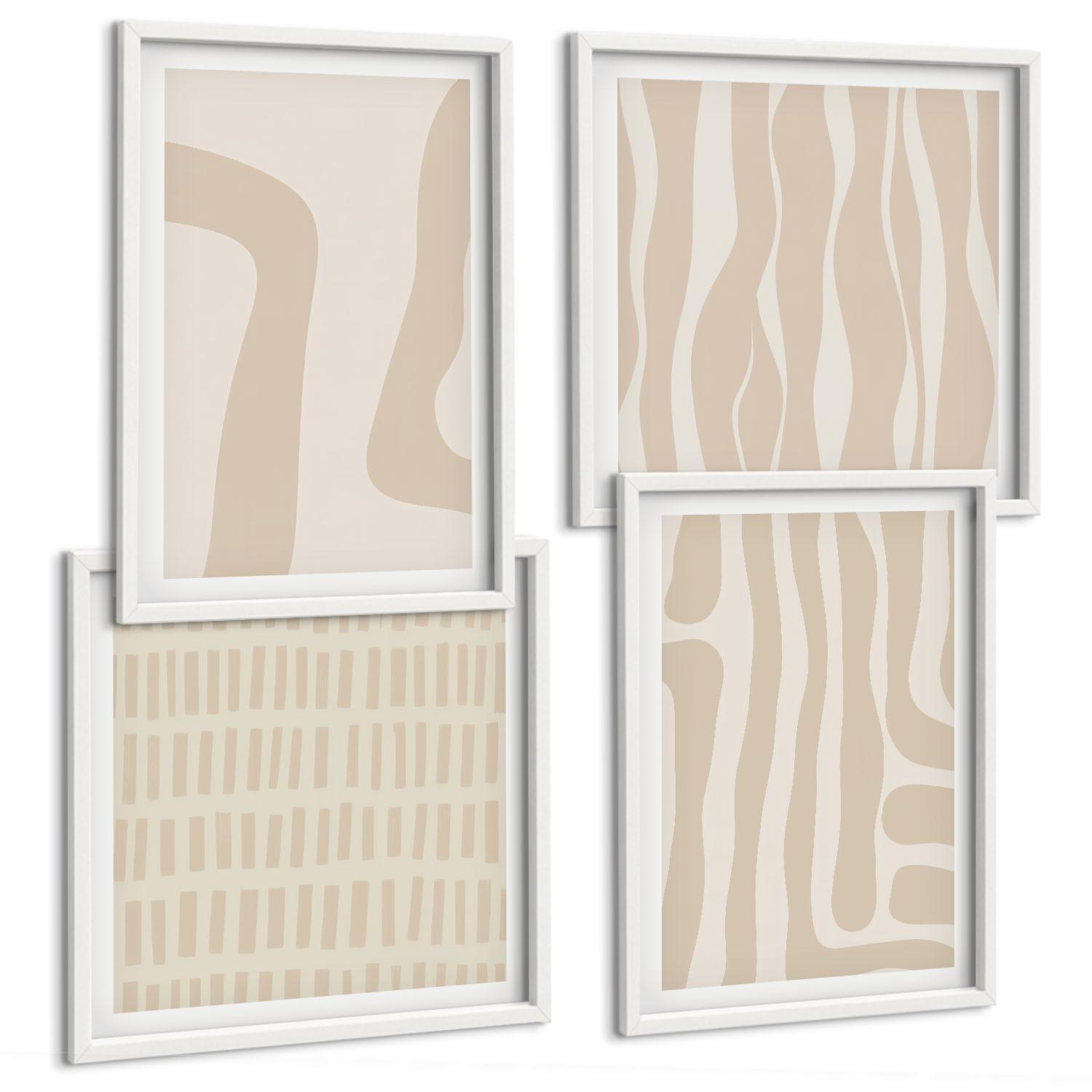BILDER SET 4er Set - 50x50 cm & 40x60 cm Weißer Rahmen - Abstrakte Boho-Musterformen - Weiß, Kunststoff (50/50cm) - TULUP