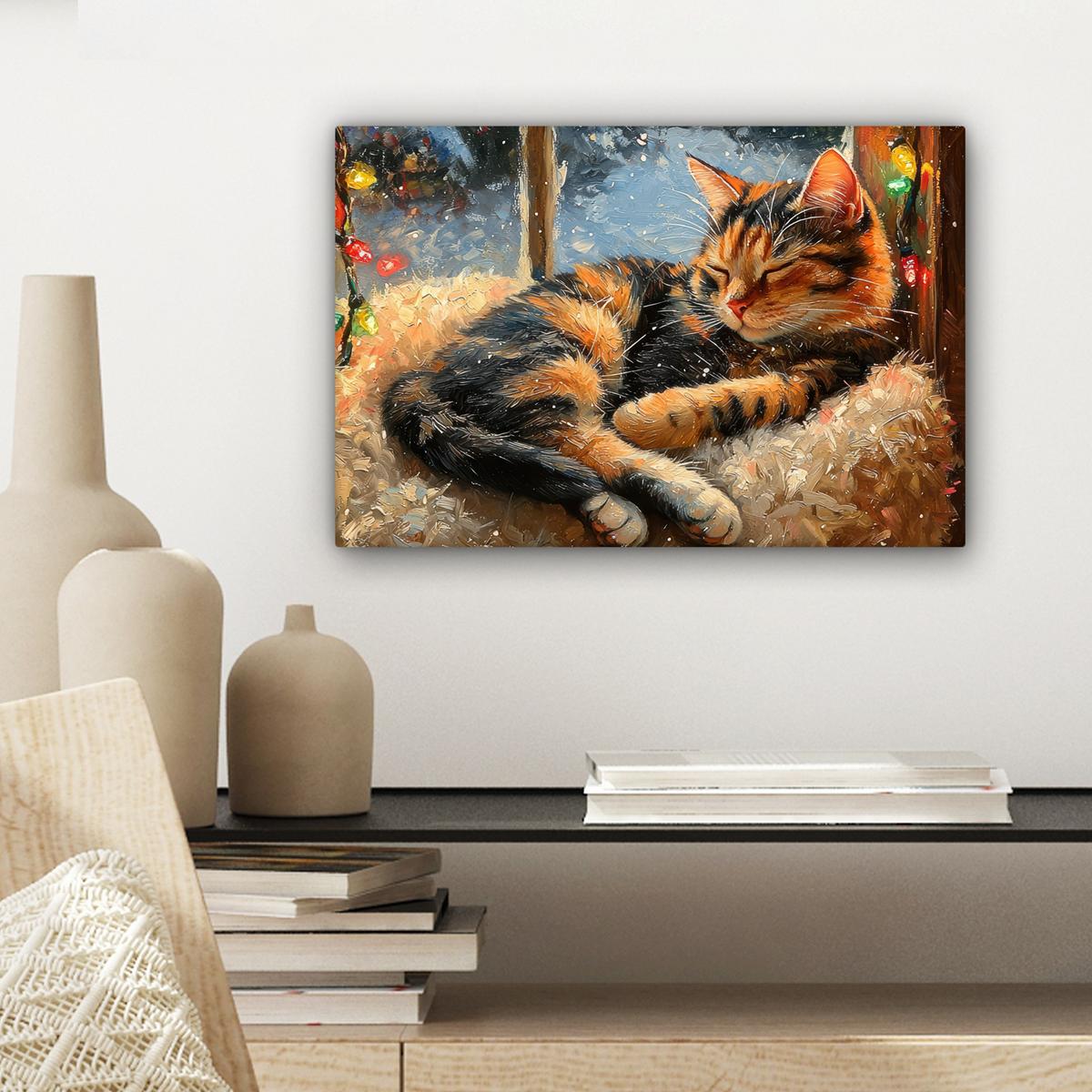 LEINWANDBILD Katze - Weihnachten - Winter - Tier Deko Schlafzimmer 30x20 cm - Bernsteinfarben, Textil (30/20cm) - MuchoWow