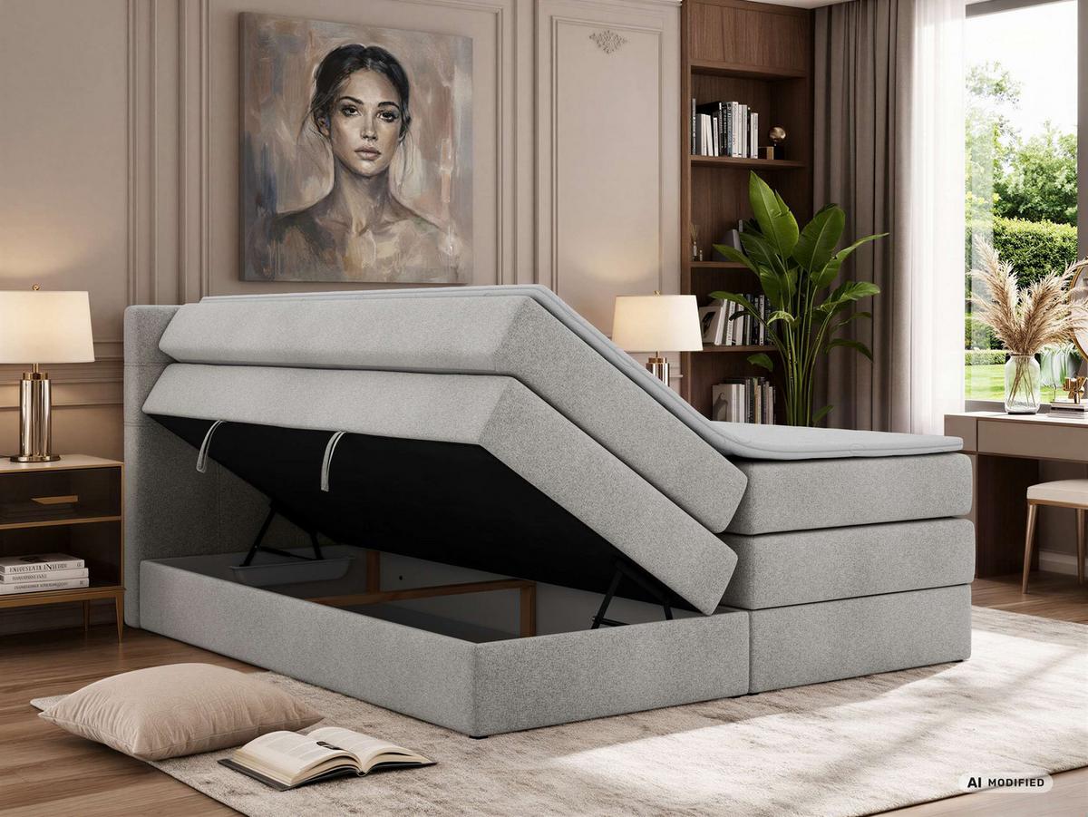 BOXSPRINGBETT SOLVEN KING 140/200 - Hellgrau Stukture - Topper Visco - H4 - Hellgrau/Schwarz, Kunststoff/Textil (140/200cm) - MKS