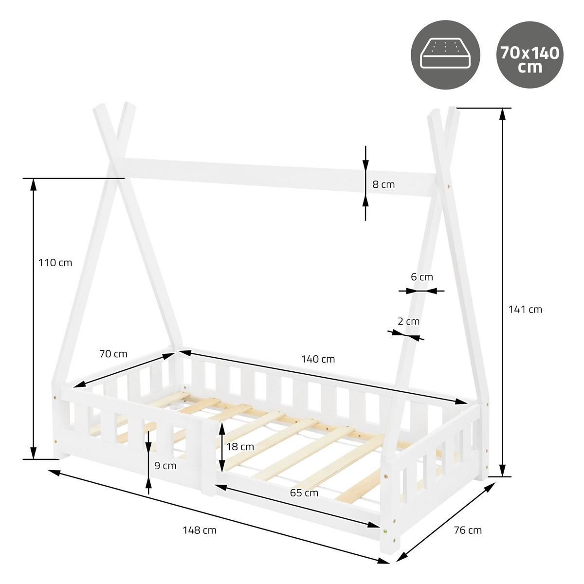 KINDERBETT Tipi 70x140 cm Weiß - Weiß, Holz (70/140cm) - ML-DESIGN
