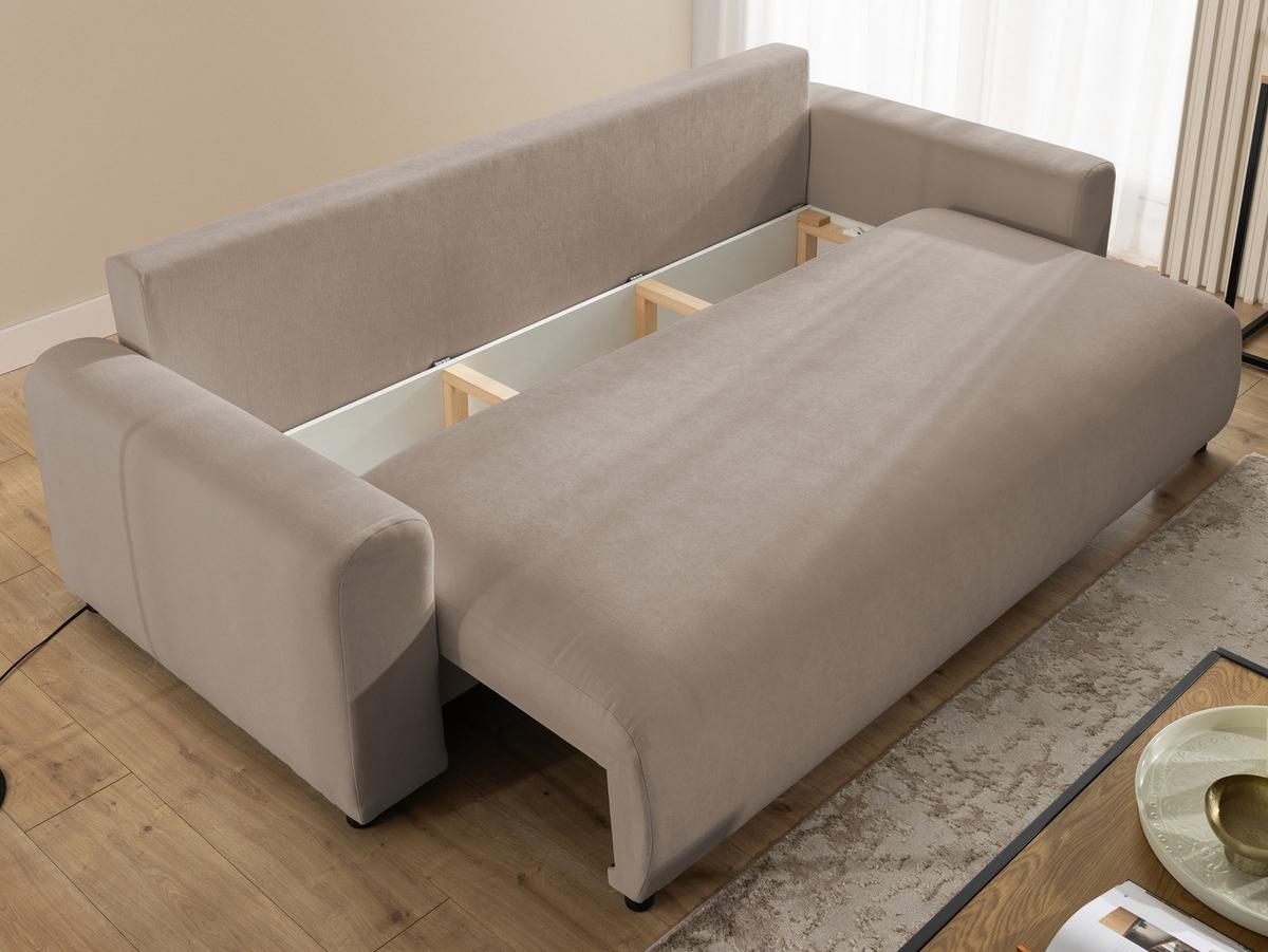 SCHLAFSOFA Calma mit Bettkasten im Bumpy-Design aus weichem Greige Webstoff - Greige/Schwarz, Holz/Kunststoff (239/88/98cm) - S-Style