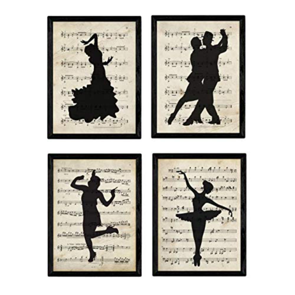 POSTER Set mit 4 Jahrgang Tänzerinnen und Tänzer Musiknoten A4 Schwarzer Rahmen - Schwarz, Papier (29.7/3cm) - Nacnic