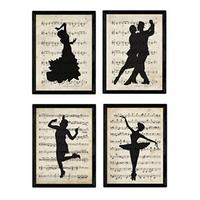 POSTER Set mit 4 Jahrgang Tänzerinnen und Tänzer Musiknoten A4 Schwarzer Rahmen - Schwarz, Papier (29.7/3cm) - Nacnic