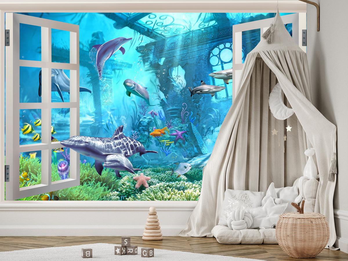 FOTOTAPETE für Schlafzimmer Fenster Unterwasserwelt Delfine Riff 450x315 - Blau/Weiß, Papier (450/315cm) - Muralo