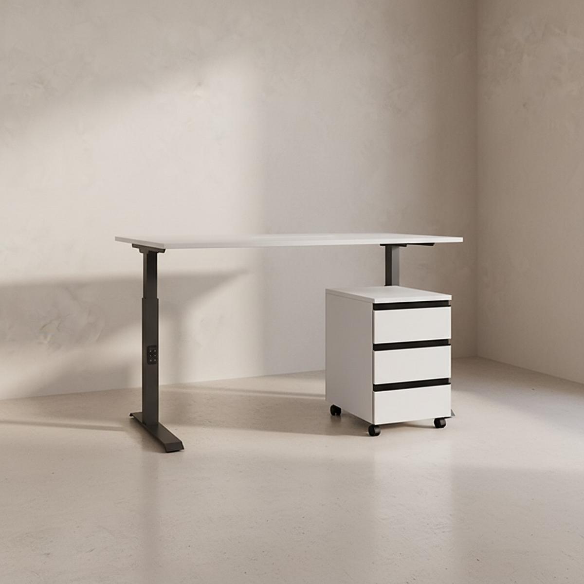 BÜROMÖBEL Set 2-teilig | Schreibtisch 140x80cm & Rollcontainer Greige/Schwarz | Einstellbar 68-91 cm & Soft-Close - Beige, Holzwerkstoff/Metall (80/195/91cm) - KADIMA DESIGN