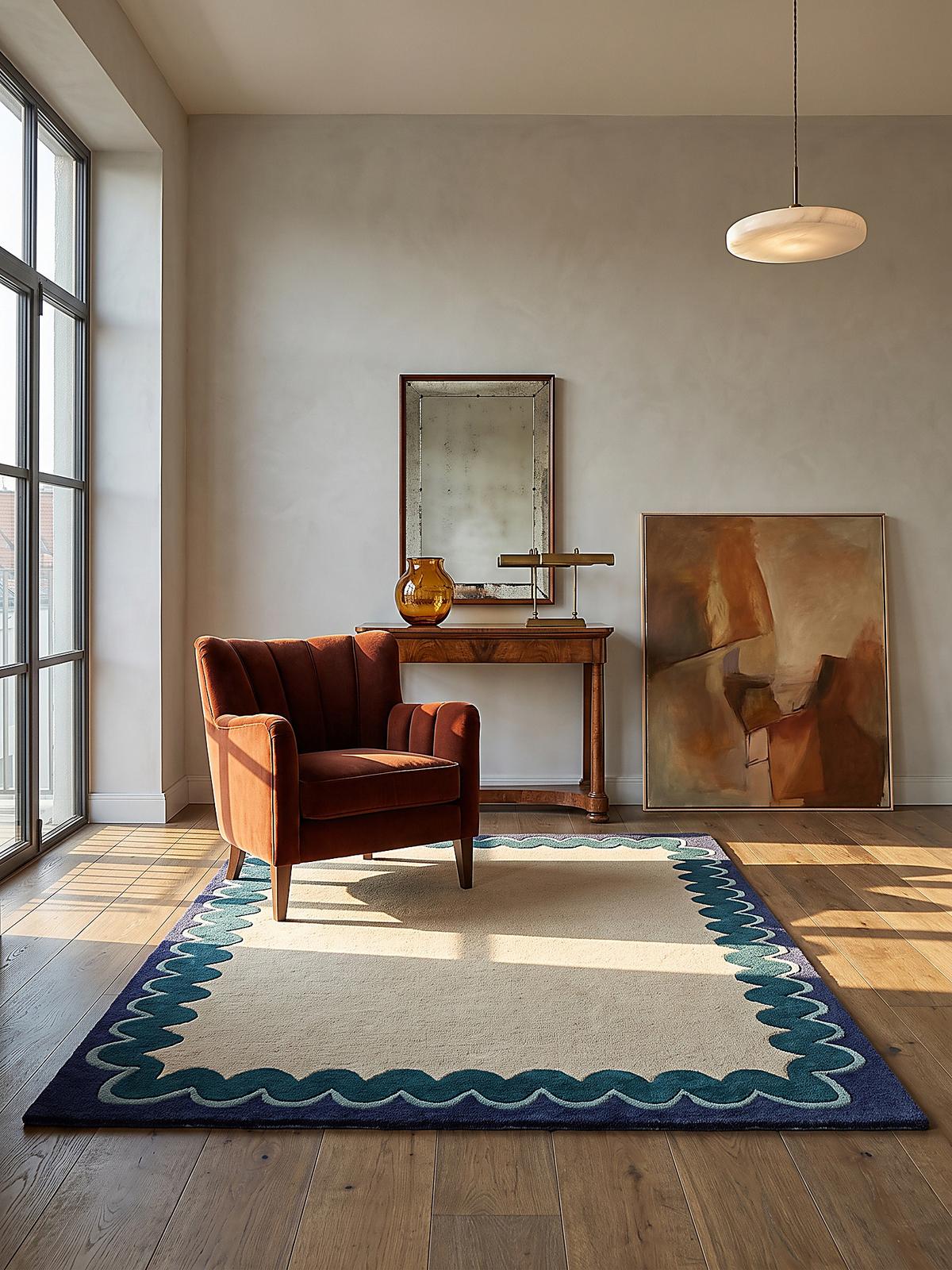 WOLLTEPPICH handgetuftet WAVENEY, Zickzack-Wellenbordüre, Petrol, 140 x 200 cm - Türkis, Textil (140/200cm) - KADIMA DESIGN