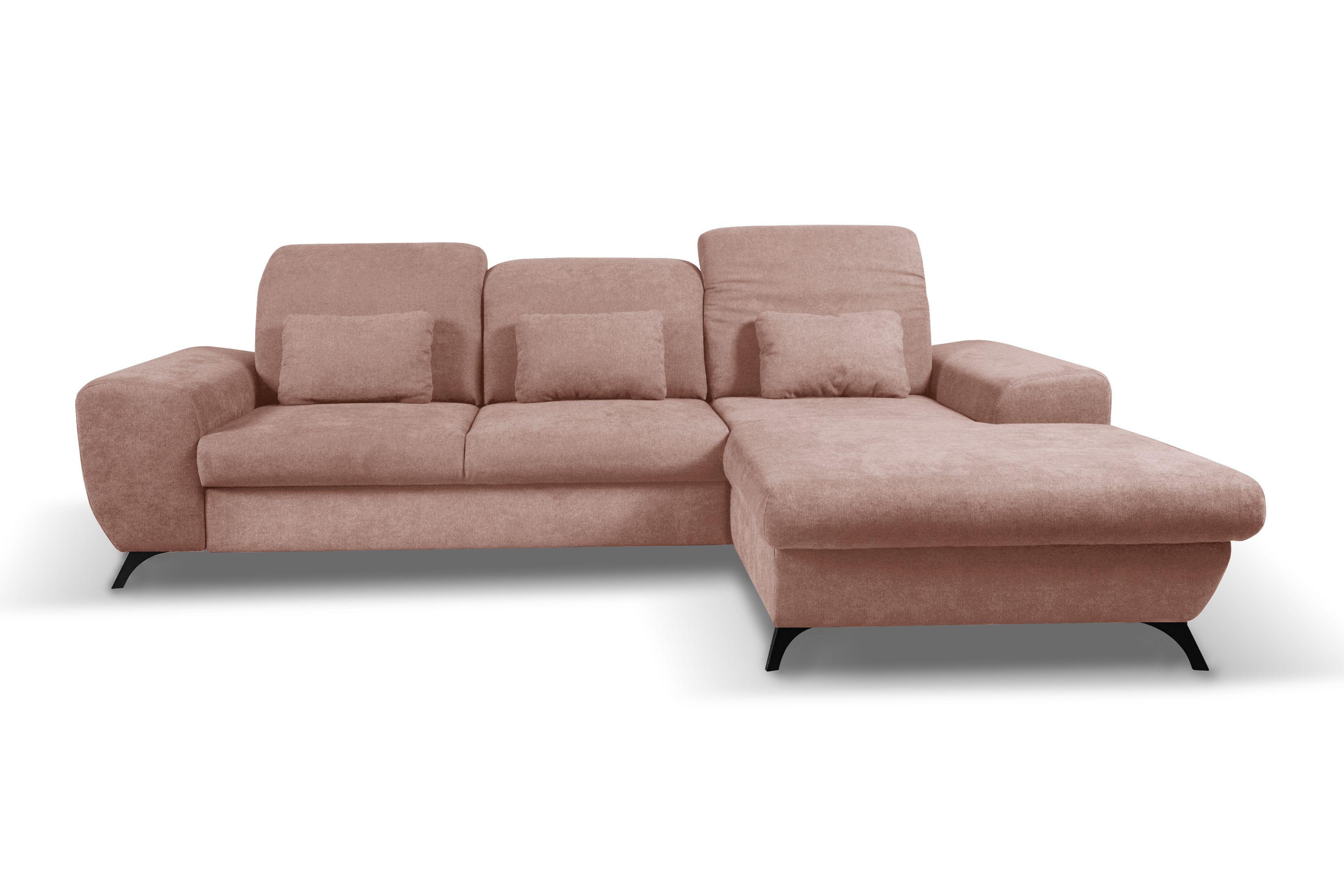 ECKSOFA LUCE R-S Rosa Plüsch-Stoff mit Schlaffunktion - Rosa, Holz (279/172cm) - MASSENO