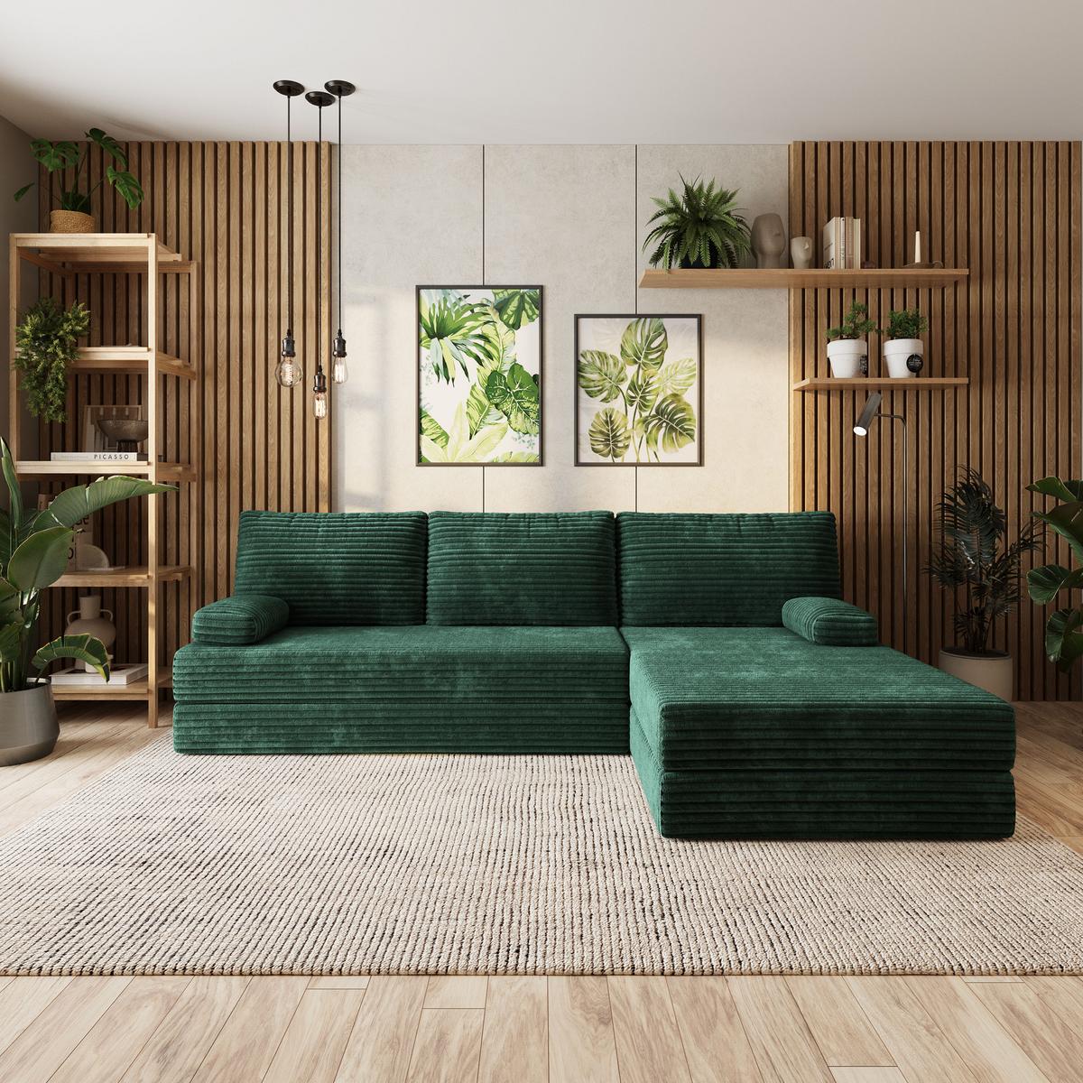 ECKSOFA ANKO modulares Boneless Sofa mit Schlaffunktion Grün Kordstoff - Grün, Textil (270/160cm) - MASSENO