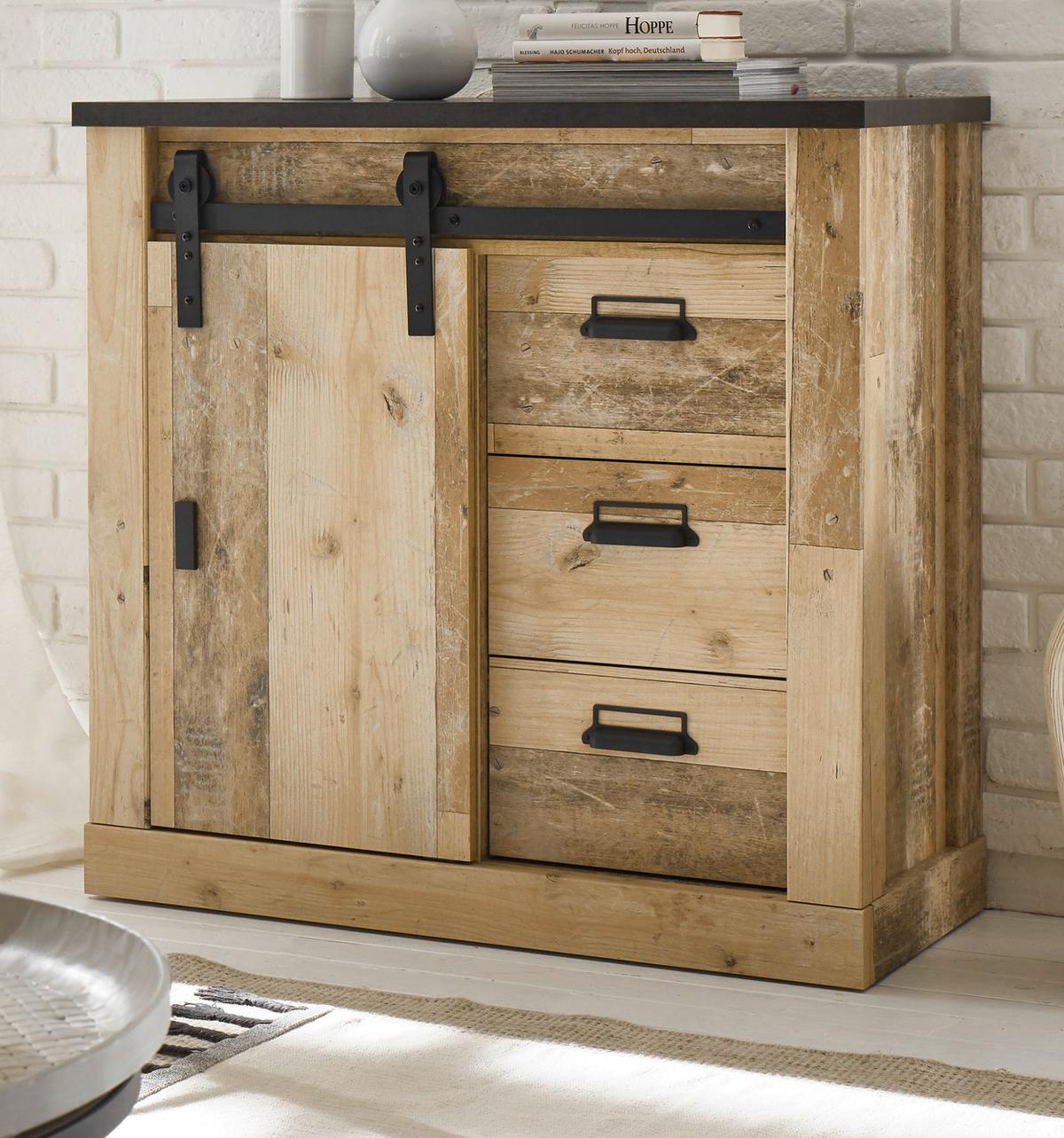 KOMMODE Used Wood hell, anthrazit, Sideboard mit Soft-Close - Anthrazit/Schwarz, Holzwerkstoff/Metall (93/91/43cm) - Furn.Design