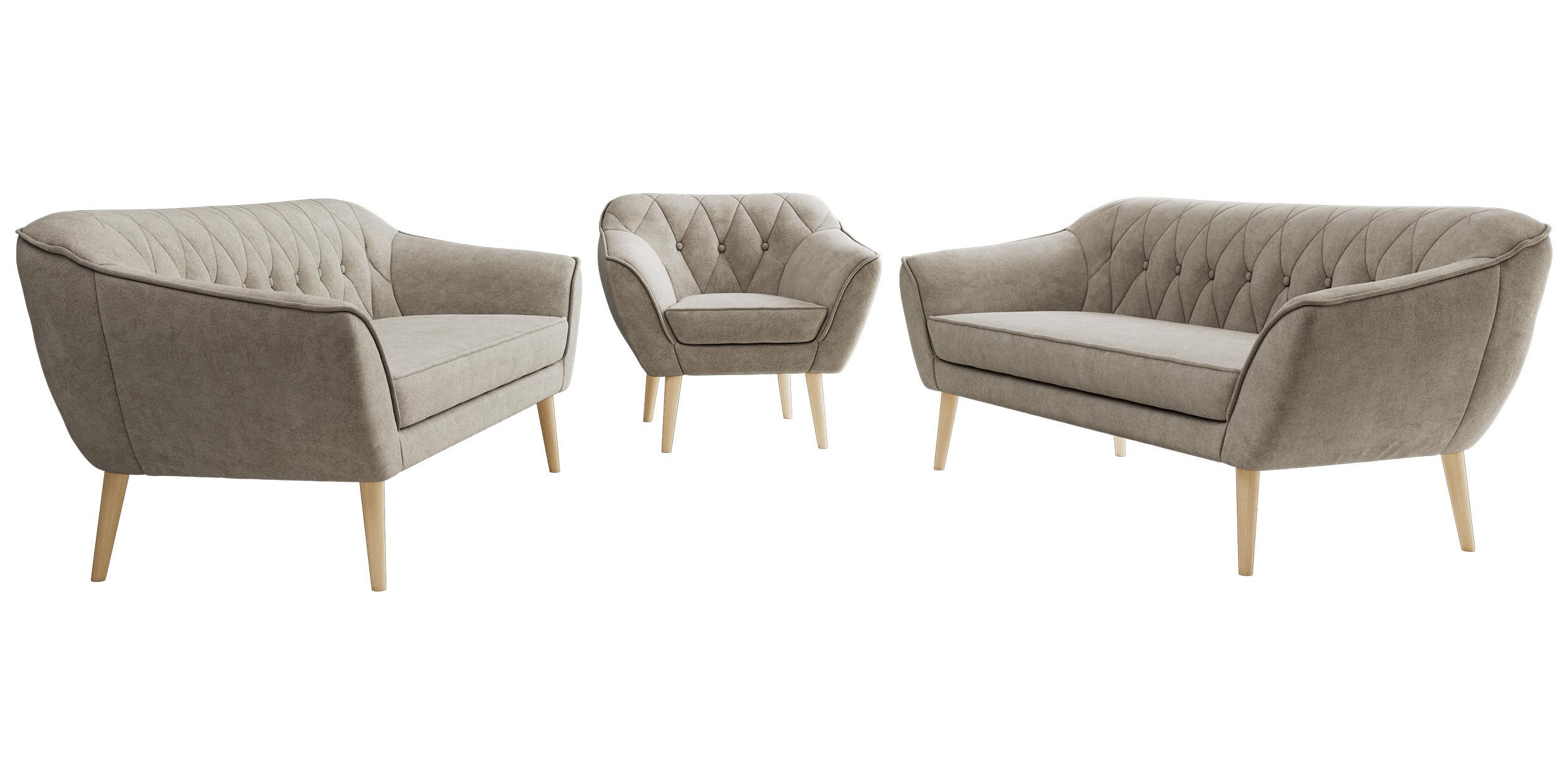 SITZGARNITUR PIRS 3+3+1 - Greige Strukture - Holzbeine - Greige/Buchefarben, Holzwerkstoff/Textil (180/75/74cm) - MKS