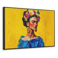 LEINWAND Bilder mit Rahmen - Frida Kahlo - Frau - Gelb - Blau - Blumen - 120x80 - Gelb, Textil (120/80cm) - MuchoWow