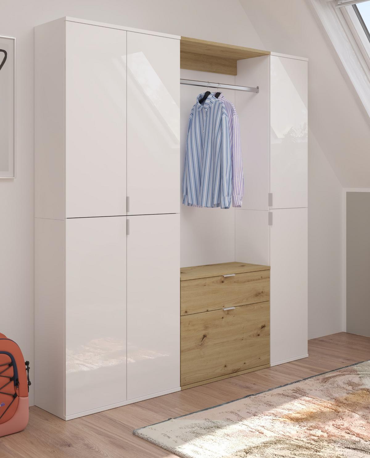 GARDEROBENSCHRANK weiß Hochglanz, Eiche 152 cm, Komplettset mit viel Stauraum - Weiß Hochglanz/Eiche Artisan, Holzwerkstoff/Metall (152/193/34cm) - Inn.Furn