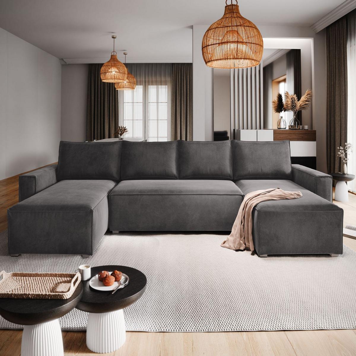 WOHNLANDSCHAFT DENI Grau Velours-Stoff mit Schlaffunktion - Grau, Holz/Kunststoff (295/85/140cm) - MASSENO